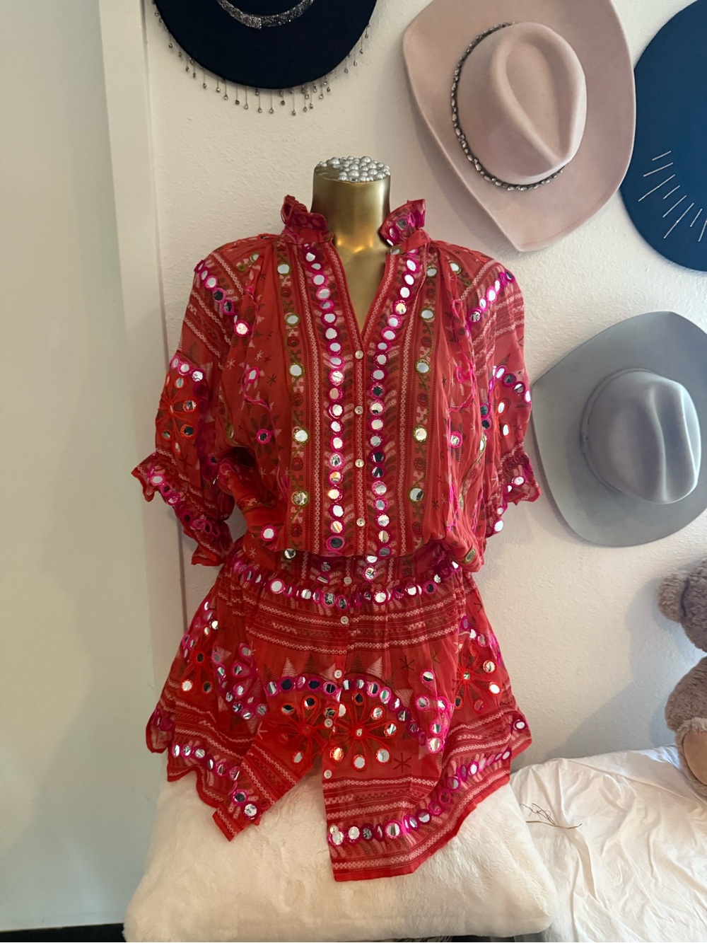 Juliet Dunn Red Embellished Mirror-Trim Mini Dress